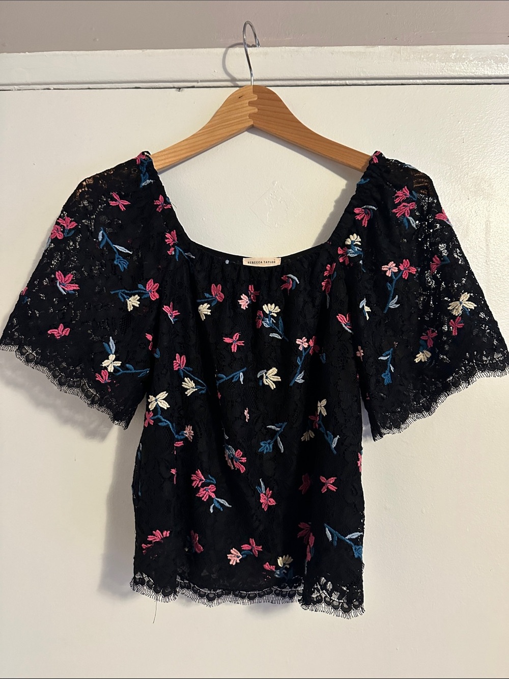 Rebecca Taylor Black Lace Blouse with Pink, Blue & Cream Floral Embroidery